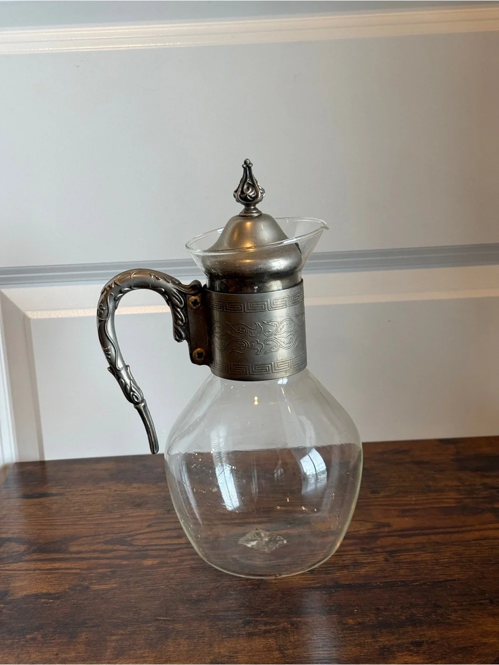 Vintage Corning Glass Coffee Tea Carafe Pitcher Silver Plated Ornate Trim Lid.